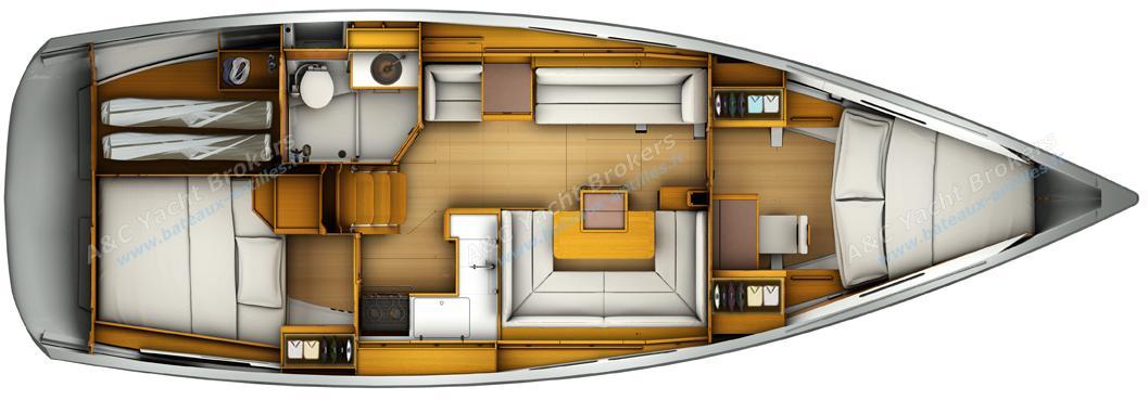 Jeanneau Sun Odyssey 419: Boat layout 2 cabins, 1 shower room